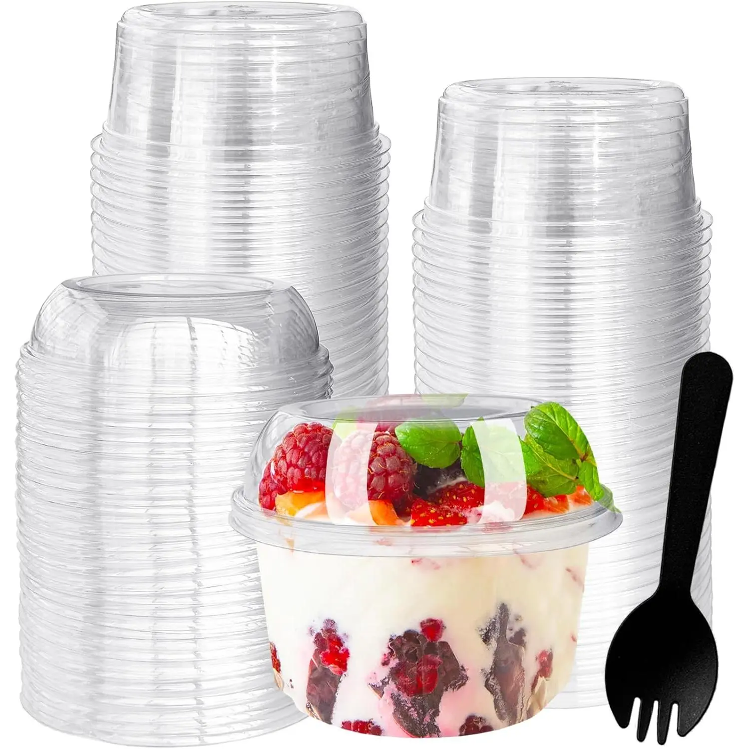 Tiaiidi 50 Pack 12 oz Disposable Clear Plastic Cups with Dome Lids and Spoons,Plastic Dessert Cups,Disposable Snack Bowls for Ice Cream,Cake,Snacks,Fruit,Cold Drinks,Milkshake,Pudding,Salad