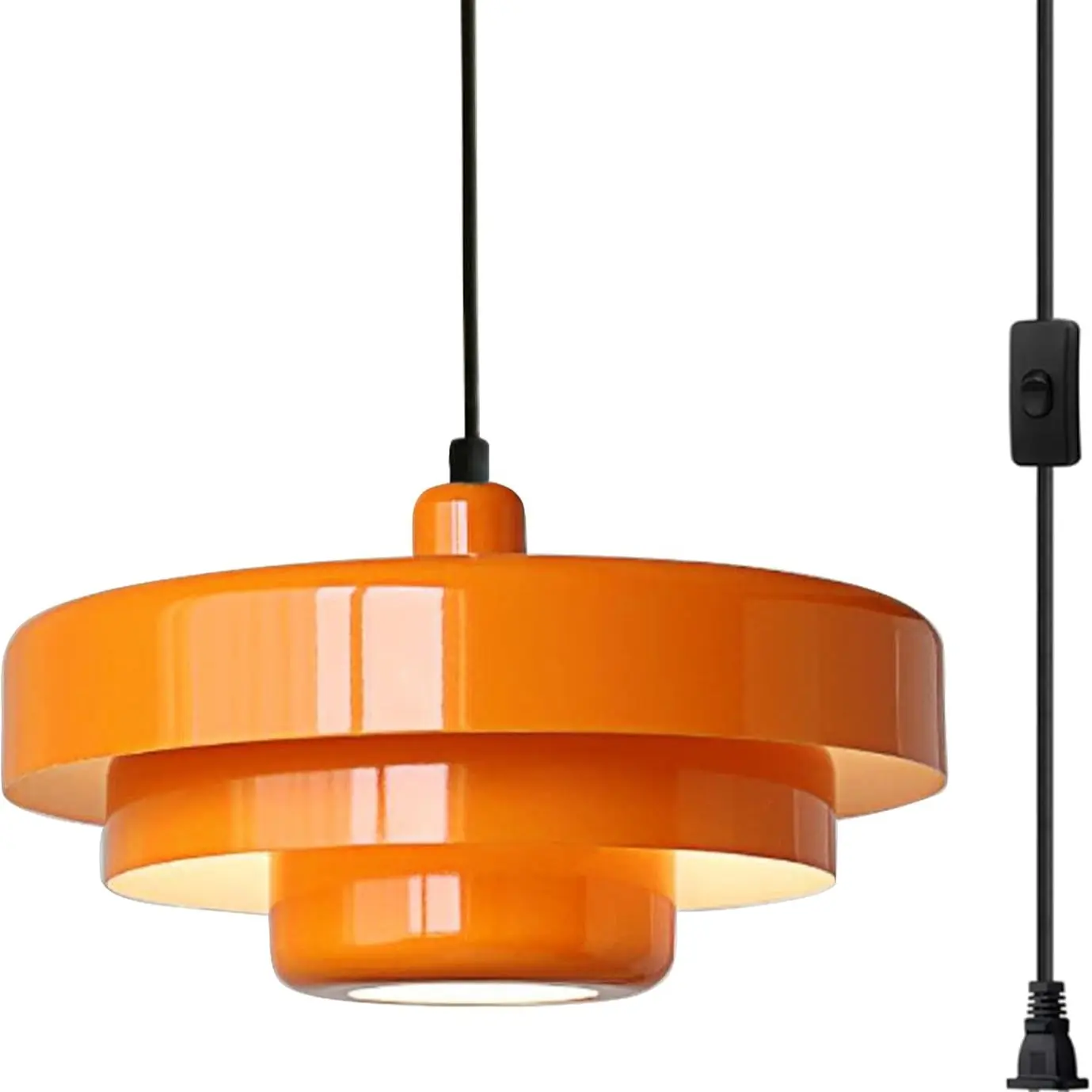 Single Lamp Plug-In Orange Color Pendant Light, Medieval Nordic Retro Style, Three-Tier Metal Shade, E26 Bulb Holder, for Living Room, Dining Room, Bedroom, Kitchen Island, Shop