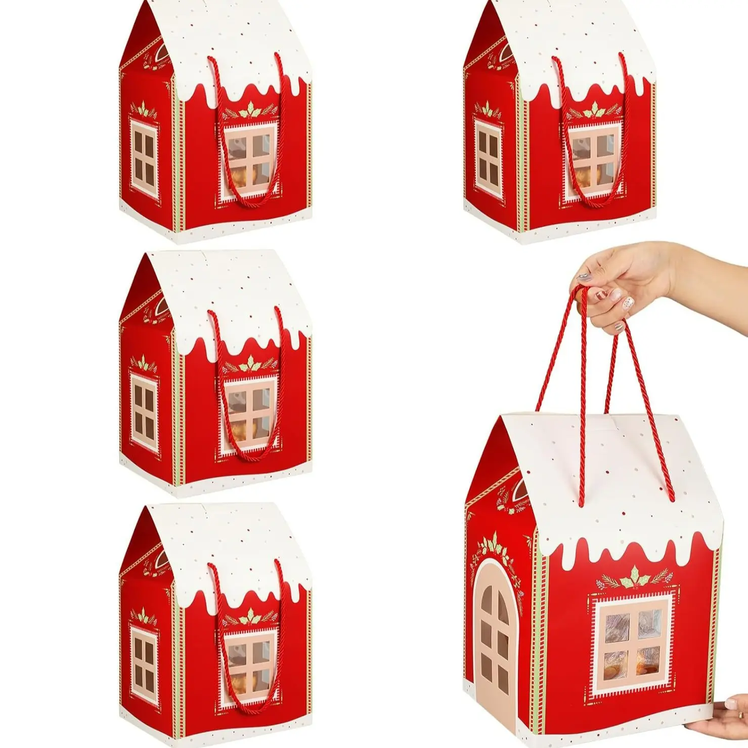 4 Piece House Shape Box, Vintage, 30x7.9x7 Inches, Party Candy Gift Box with Handle, Large Transparent Window, Christmas Gifts