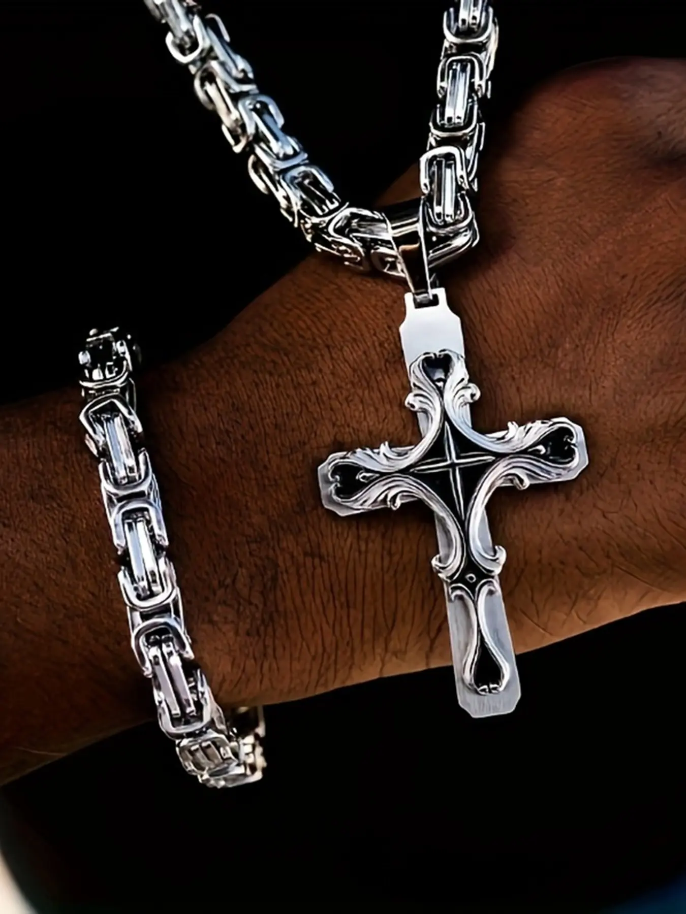 Vintage Classic Men's Fashion Jewelry Set, Emperor Chain Necklace Bracelet, Religious Style Gift Accessories, Daily Wear & Holiday Presents