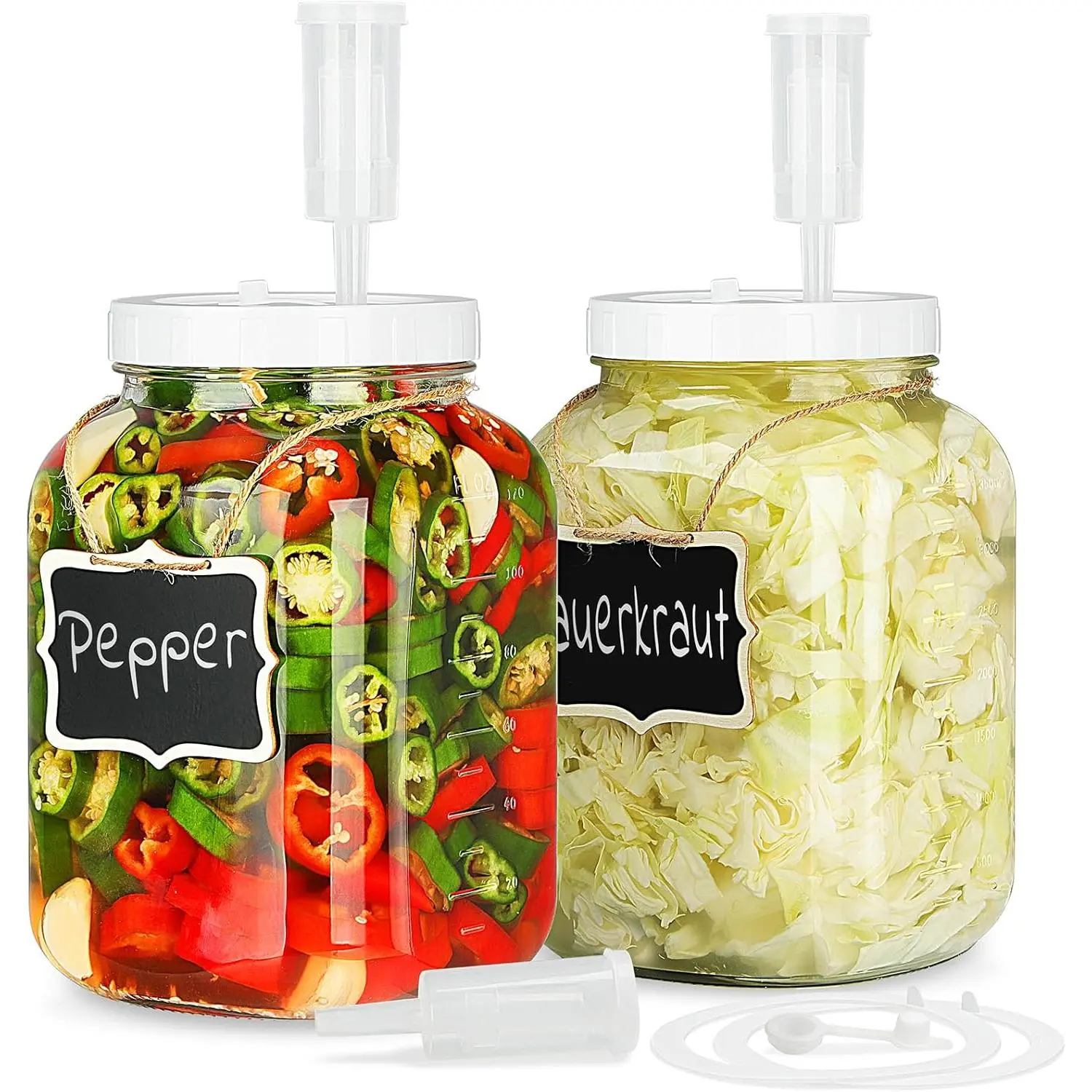 2 Pack 1 Gallon Large Fermentation Jars w 2 SCREW Lid and 3 Airlock -  Airtight Lid, Wide Mouth Glass Jar, Pickle Jar w Scale Mark for Sourdough Starter