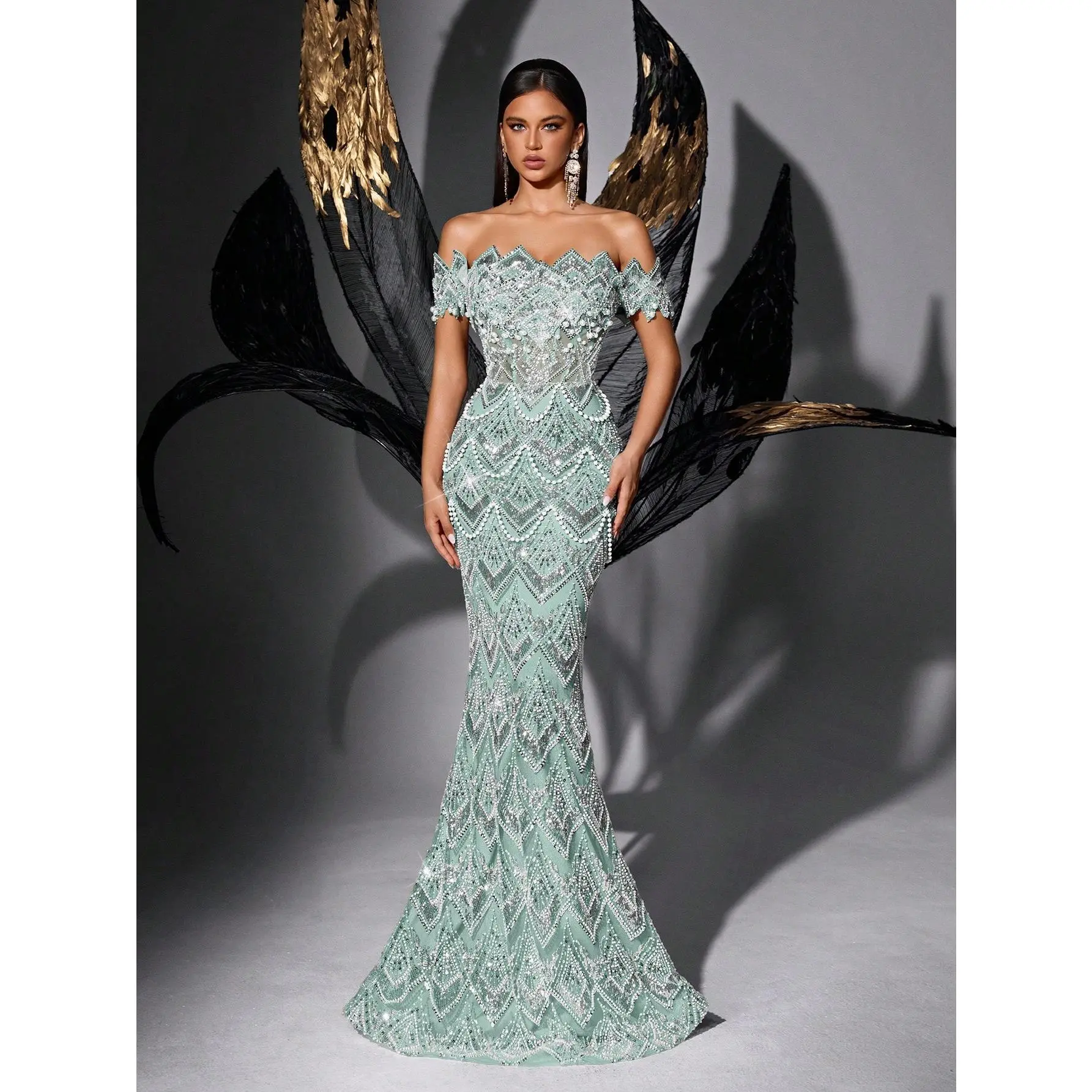 Scallop Strapless Chevron Beaded Mermaid Maxi Gown, Short Flounce Trim Formal Dress