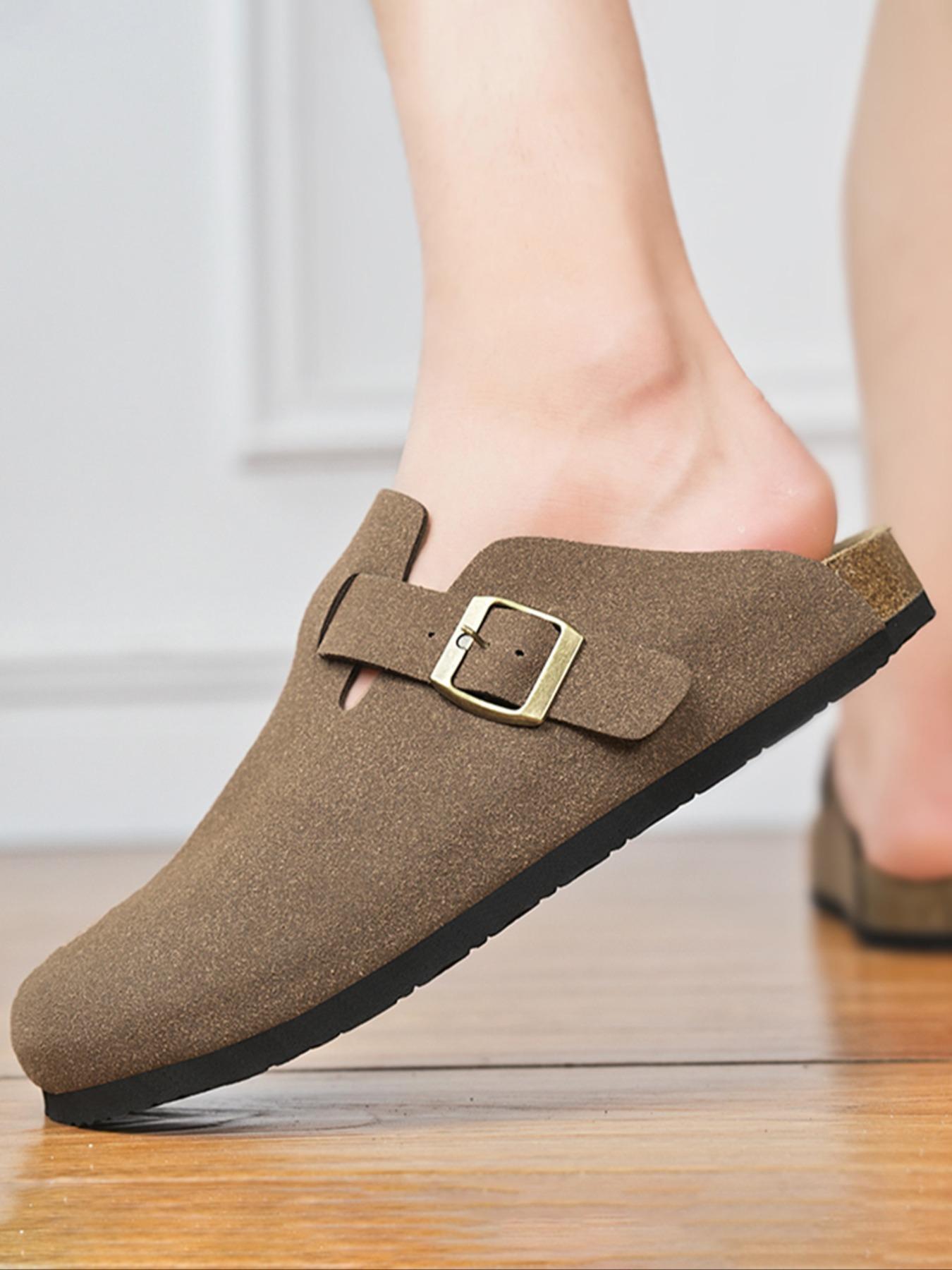 Unisex Cork Heel Clogs, Casual Comfortable Suede Fashion Slippers with Adjustable Buttons, Outdoor Slip-ons and Walking Shoes, Footwear, Flat Shoes, Minimalist Clogs