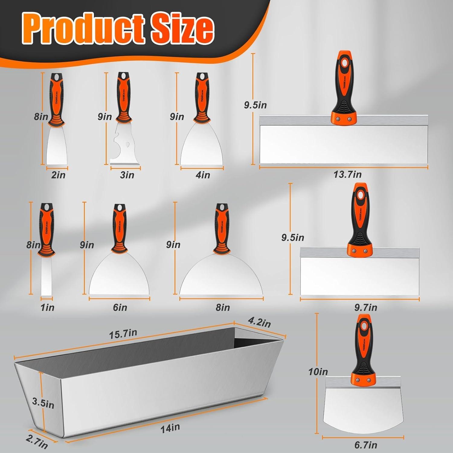 Drywall Set, 10 count Drywall Tools Finishing Includes Stainless Steel Putty Set, Taping , Painter Scraper, 14" Drywall Mud Pan and Mud Scoop, Spackle Tool Kit for Drywall Work Drywall Set, 10 count Drywall Tools Finishing Includes Stainless Steel Putty Set, Taping , Painter Scraper, 14" Drywall Mud Pan and Mud Scoop, Spackle Tool Kit for Drywall Work