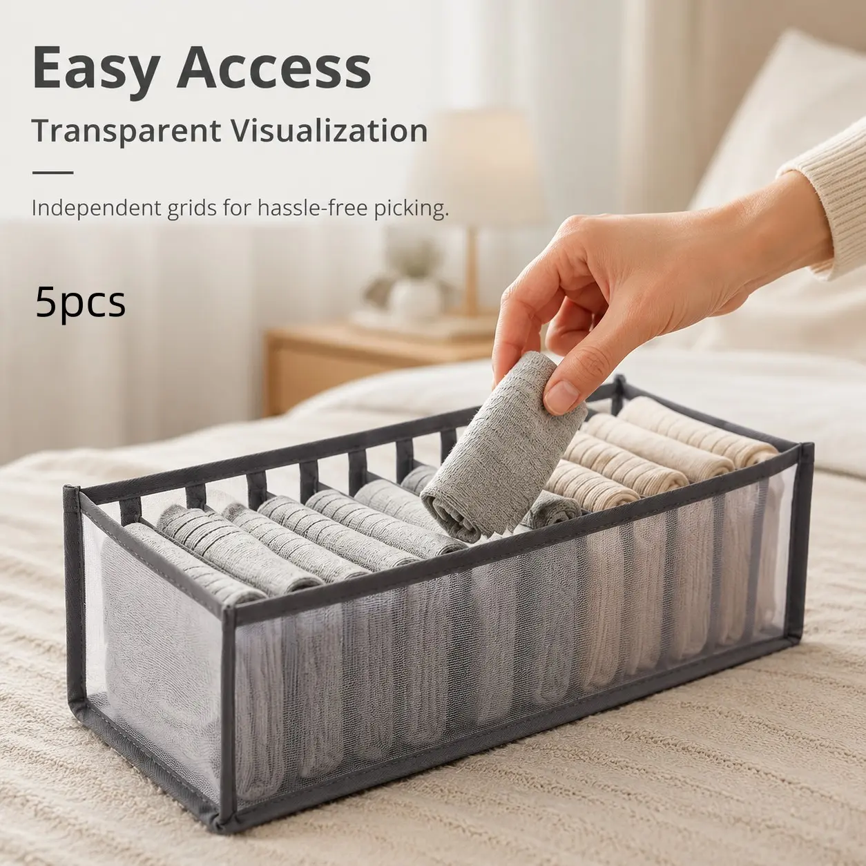 5 Pcs Mesh Sock Organizer Boxes, Transparent Net with Independent Compartments, Store Socks Underwear, Bedroom Drawer Storage