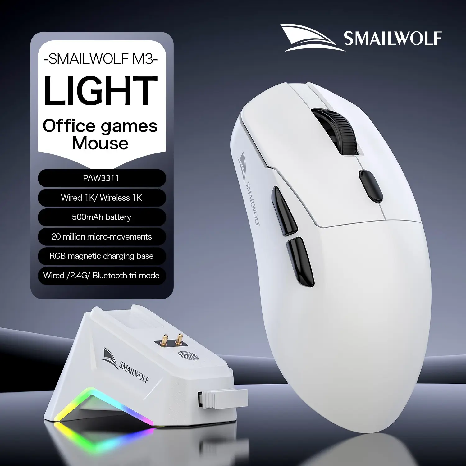 SMAILWOLF M3 Wireless Gaming Mouse, Gaming Peripherals, Anti-Slip Stickers, Magnetic Charging Base, Pixart Paw3311 Sensor, BT/2.4g Modes, Gift for Boyfriend