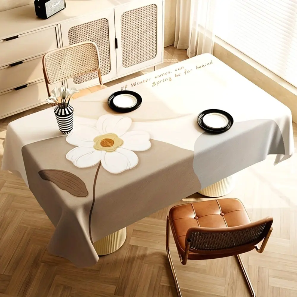 1 modern floral tablecloth rectangular design with white daisy pattern and beige background, perfect for dining tables, coffee tables, and outdoor picnics. Multi functional tablecloth | Neutral color decoration | Easy to clean material, outdoor tablecloth