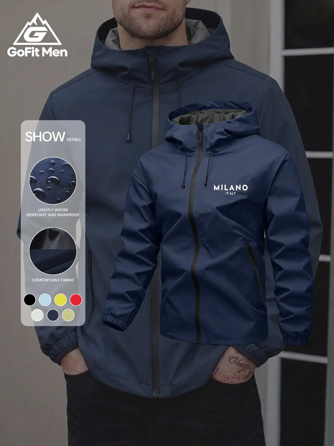 Men's Milan Letter Print Lightweight Waterproof Hooded Windbreaker, Adjustable Drawstring Elastic Sleeve Zipper Jacket, Casual All-Season Outerwear
