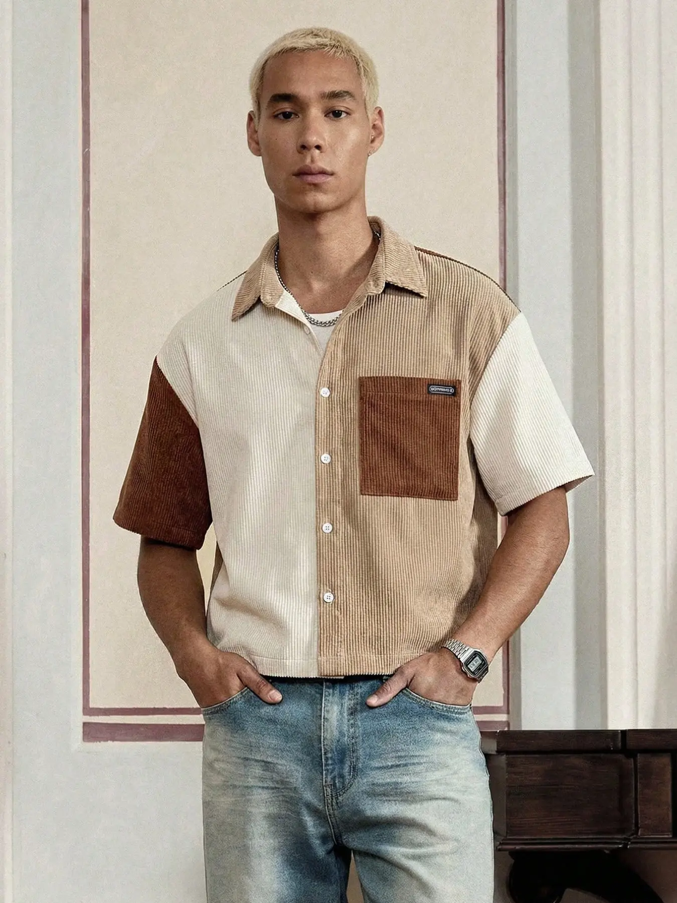 American Vintage Plaid Corduroy Patchwork Short Sleeve Shirt for Men, Asymmetrical Colorblock Short Top, Loose Fit Casual Blouse