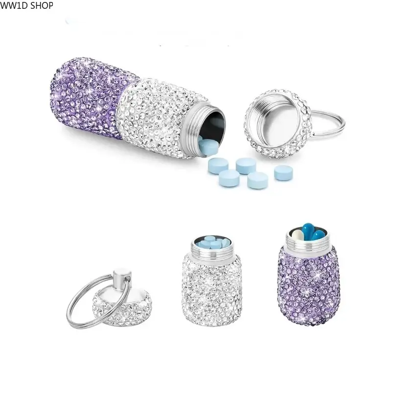 Bling Bling Rhinestone Pill Box Keychain, Waterproof 2-Compartment Pill Organizer, Aesthetic Travel Accessory for Bags and Keys, Keychain Accessories, Aesthetic Keychain