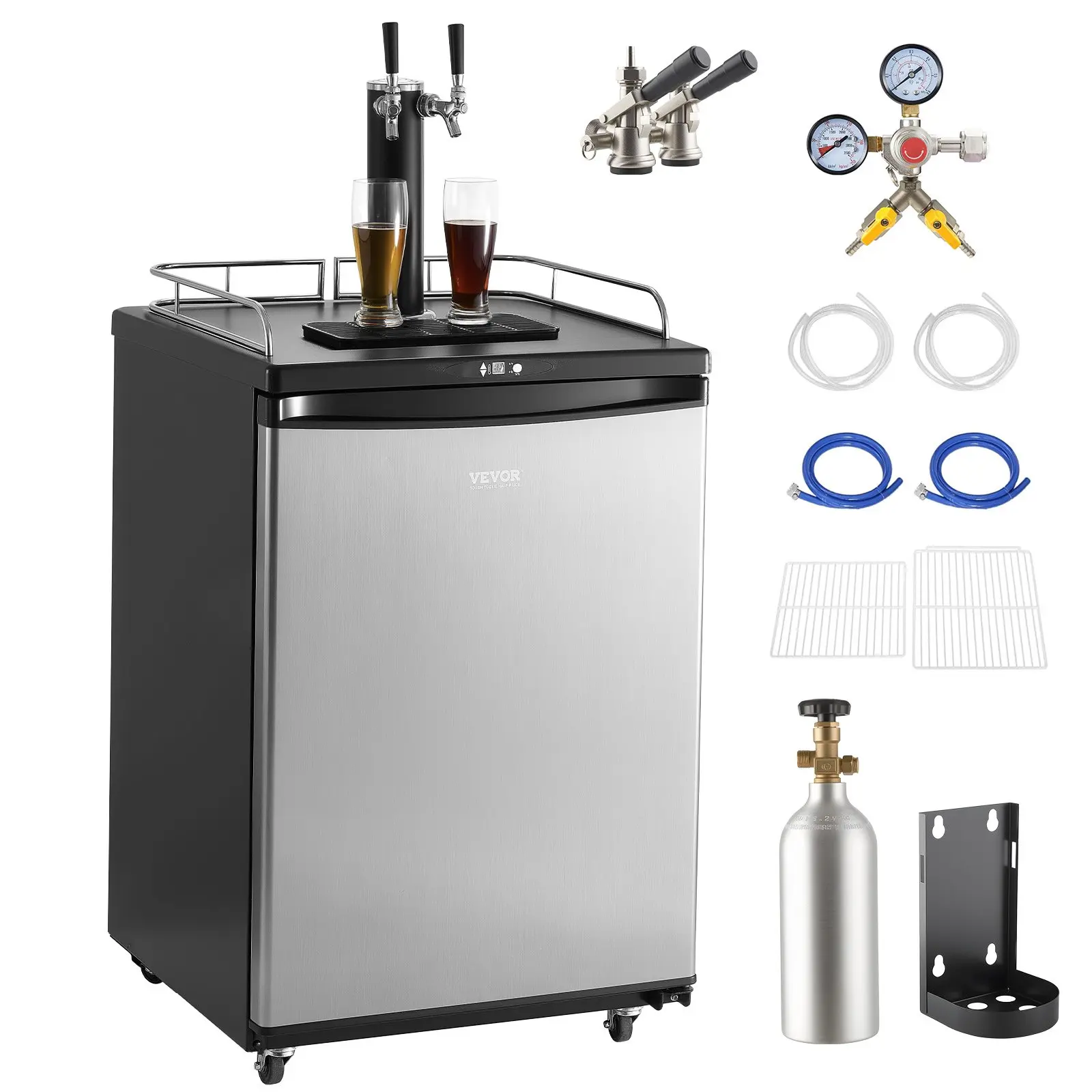 VEVOR Dual Tap Backlit Beer Kegerator, Full Size Draft Dispenser Refrigerator with Shelves, CO2 Cylinder, Drip Tray, Rail, 9.8 ft Hose, 32°F-75.2°F Control, Holds 1/6-1/4-1/2 Barrels, 98W, 43 gal/163L, 115.7 Lbs / 52.5 Kg, Black