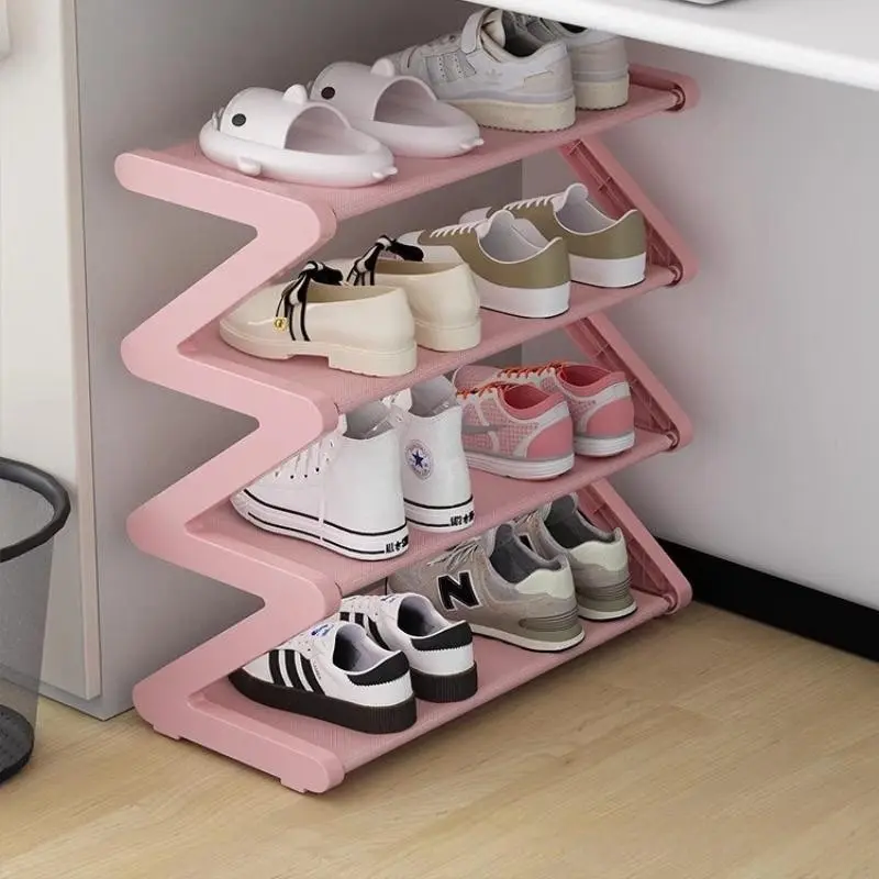 Z Shaped Shoe Rack, 4 Tier Plastic Organizer, No Tool Assembly, Stackable Storage, Entryway Holder, Dorm & Bedroom Solution