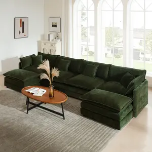 Aobtkel® Comfort U-Shaped Couch with Reversible Chaise, Modular Large Sectional Sofa, 2 Extra Ottomans, Green Chenille
