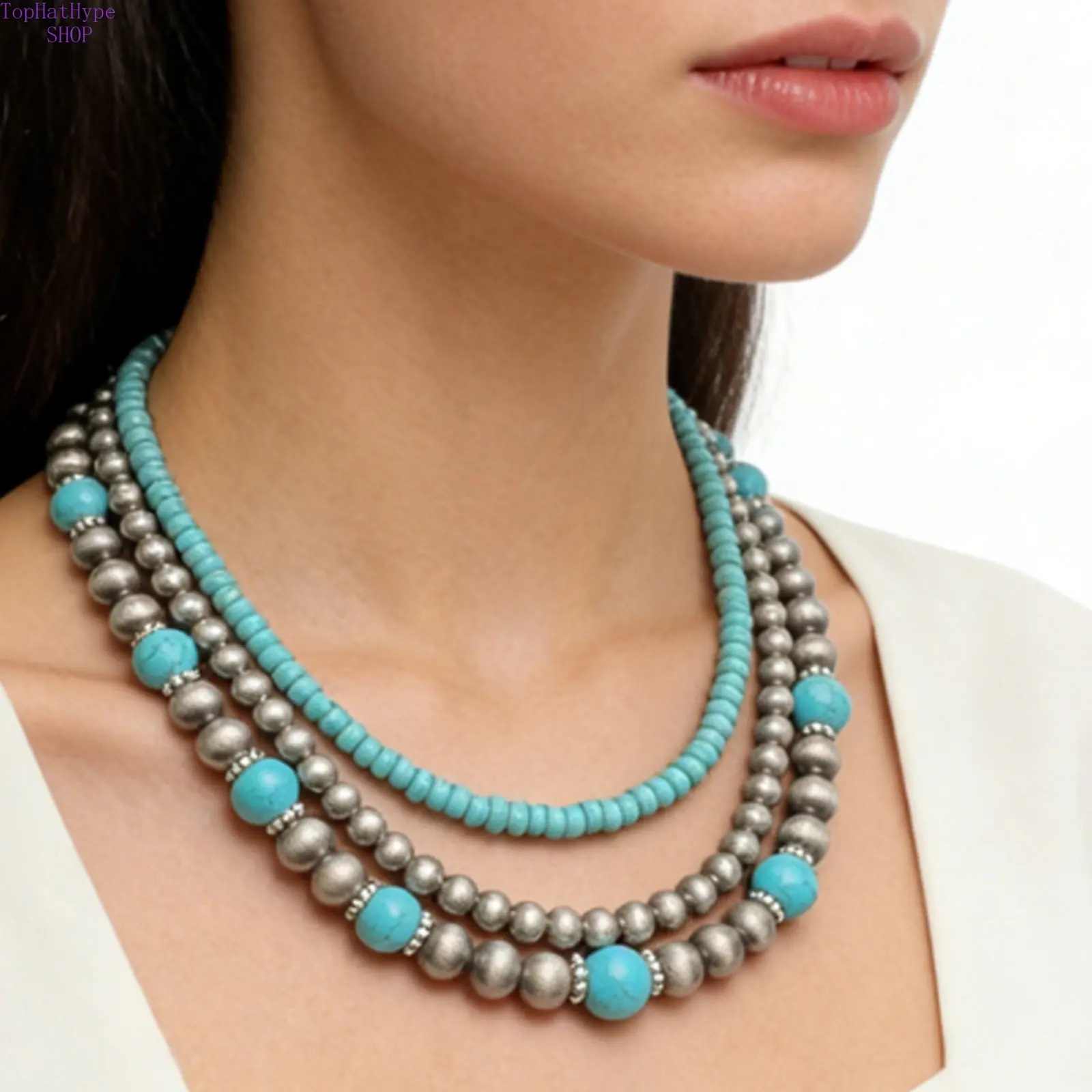 Turquoise Necklace Set for Women, 3-Piece Layered Vintage Western Jewelry, Navajo Style Stackable Tin Bead Pendants for Casual & Beach Wear, Turquoise Jewelry