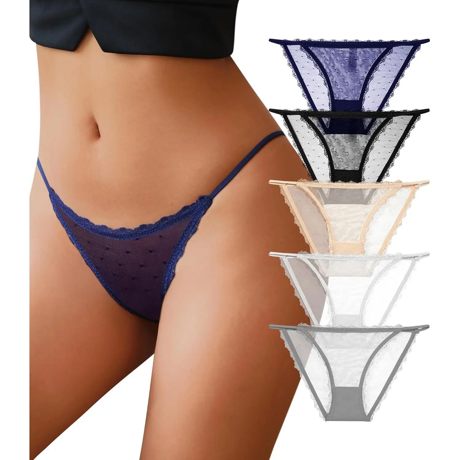Goddess Wardrobe J-pone Sexy Underwear for Women String Bikini Underwear for Women High Cut Breathable Hipster Cheeky Lace Panties 5Pack