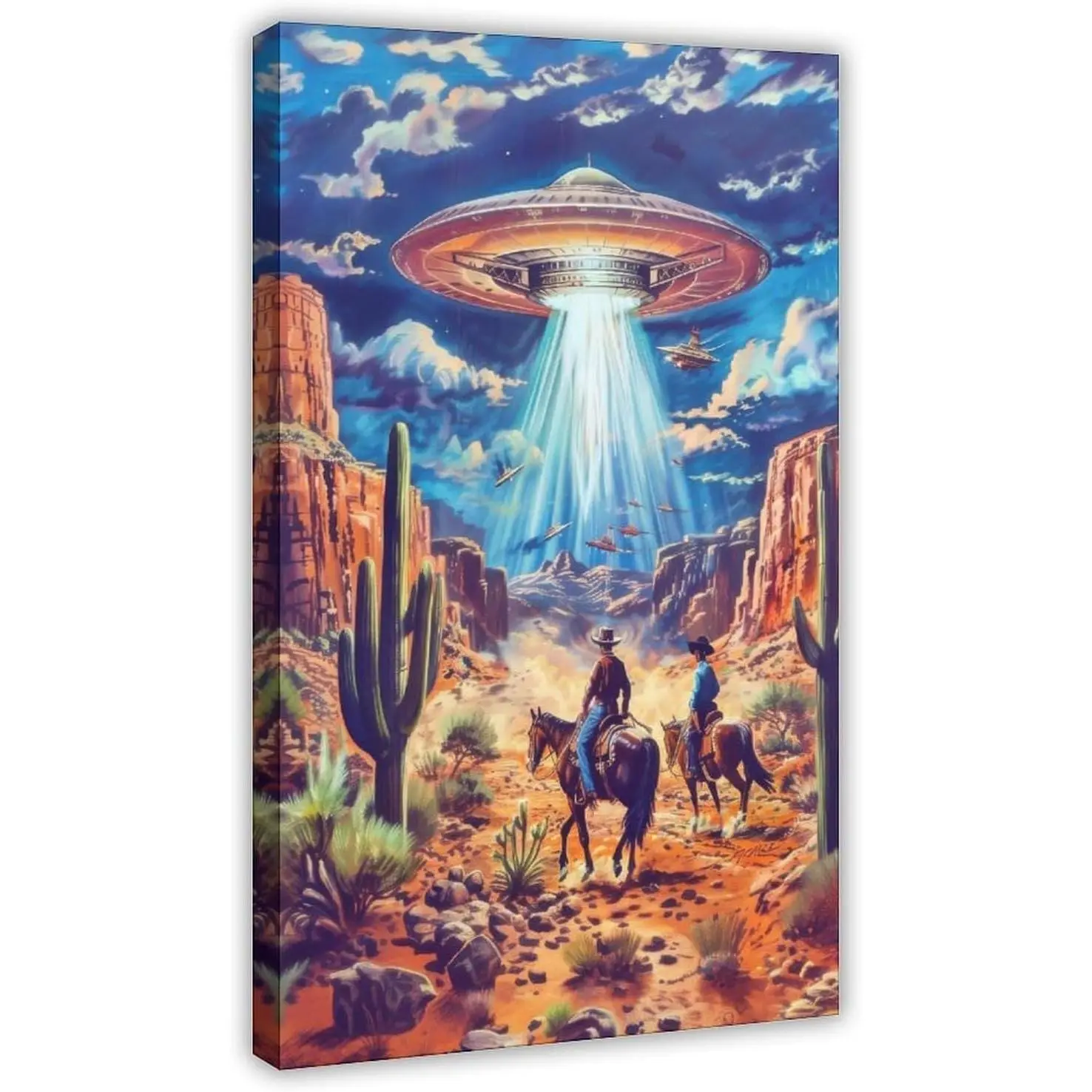 Aliens And Cowboys Retro Western Sci-Fi Ufo Wall Art Decor Print Poster Alien Roswell Cosmic S Mid Century Modern Pulp Frame-Aliens