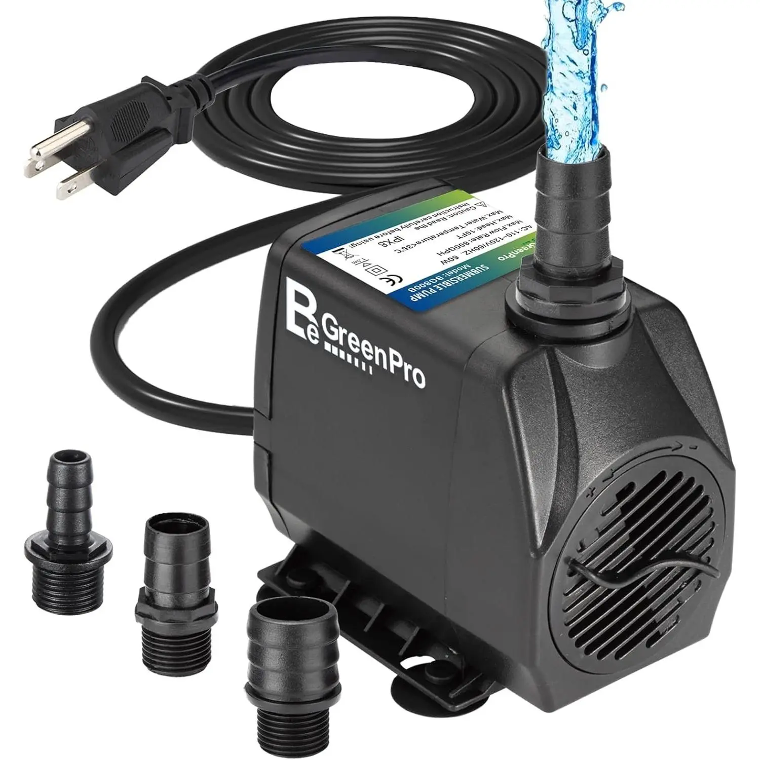 800GPH Submersible Water Pump(3000L/H 60W), Adjustable Ultra Quiet Fountain Pump with 4 Nozzles 10ft High Lift for Aquarium, Fish Tank, Pond, Waterfall, Outdoor, Hydroponics