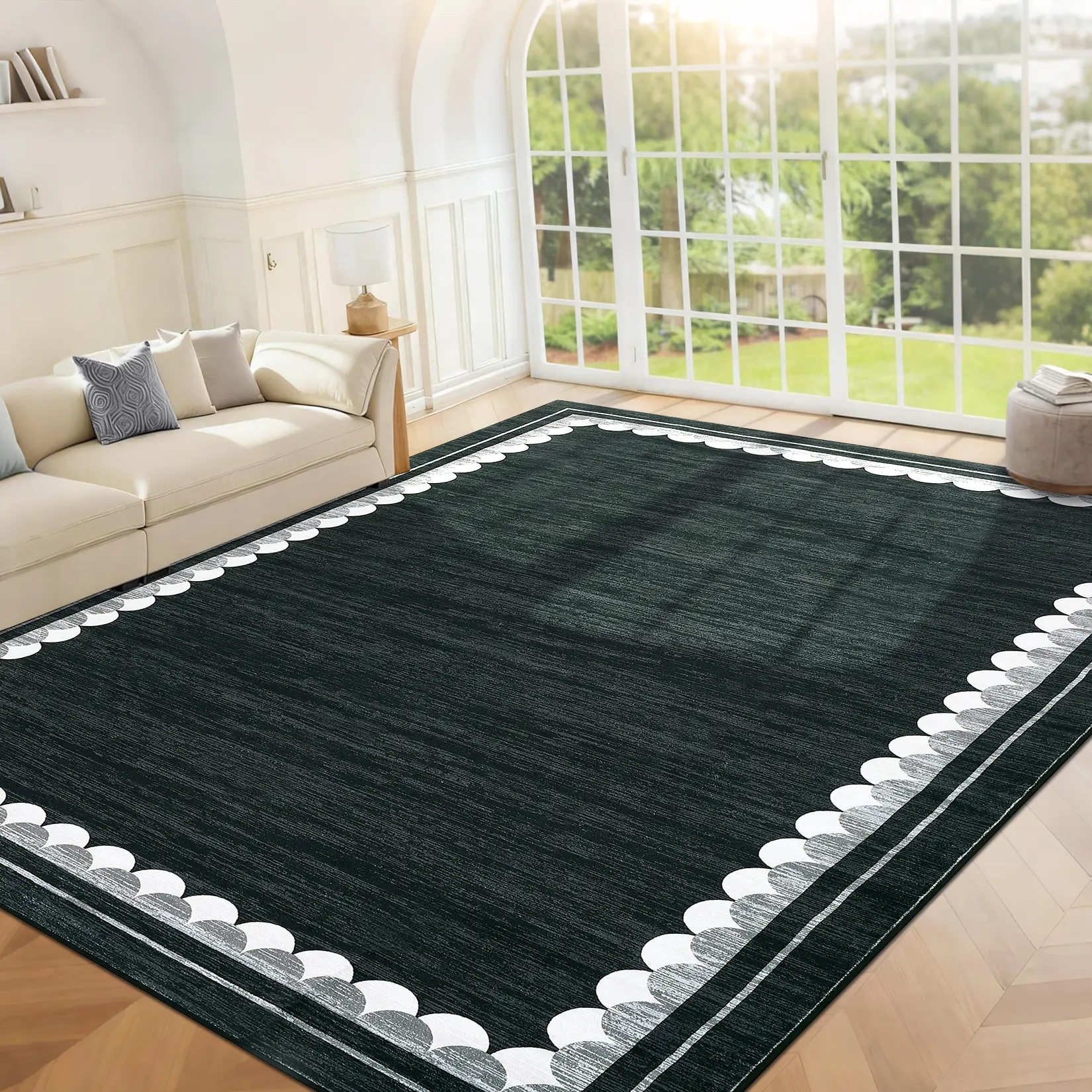 Modern Solid Color Fan-Shaped Border Area Rug, Ultra Thin Low-Pile Soft Non-Shedding Stain-Resistant Non-Slip Foldable Washable Decor Rug for Living Room, Dining Room, Bedroom, Playroom & Kids Room Indoor Decor