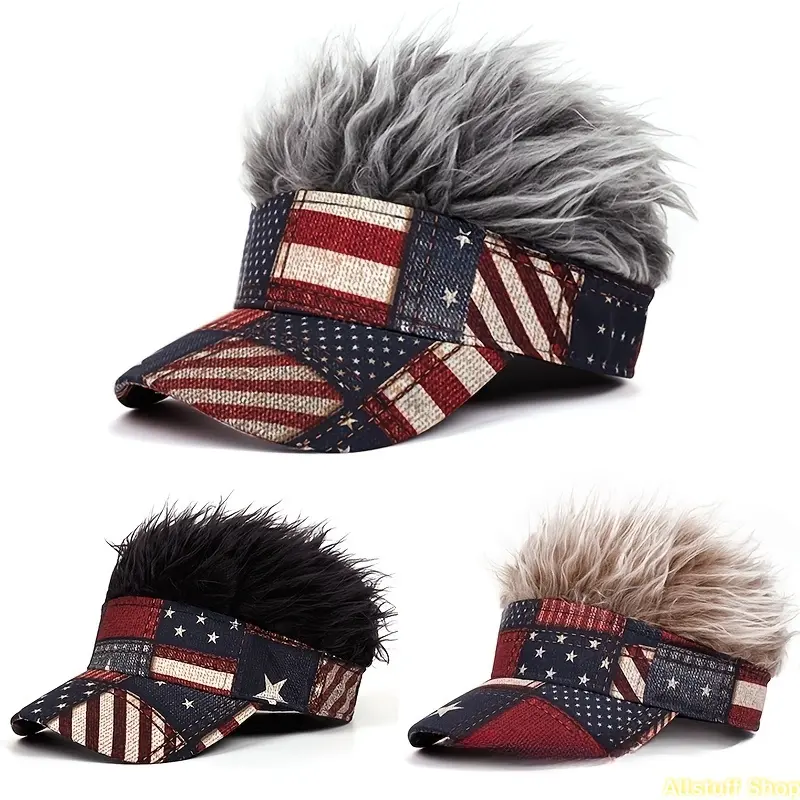 Unisex Patriotic Flag-Style Cotton Fake Wig Baseball Cap - Adjustable 1-Size Fits Sports Sun Hat for Outdoor Golf & Daily Casual Wear, Unisex Wear, Female, All Seasons, One-Size Fits, Golf Enthusiasts