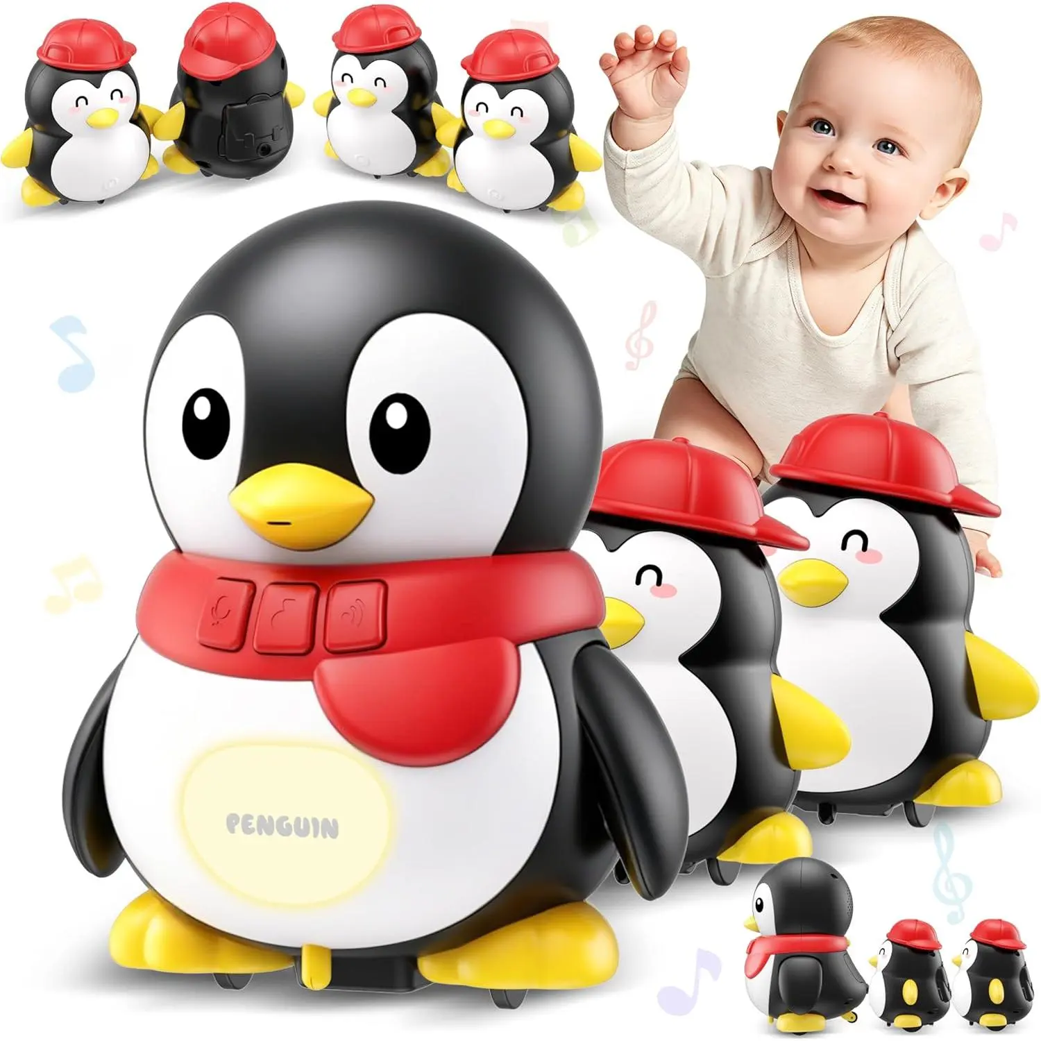 3-Piece Penguin Musical Talking Toys, Magnetic Mama & Baby Toys 6-12 Months, Tummy Time Toys with Light Up, Walking Toys Newborn Infant Toddler Toys for 6 Month Old & 1 Year Old Boy Girl Gifts