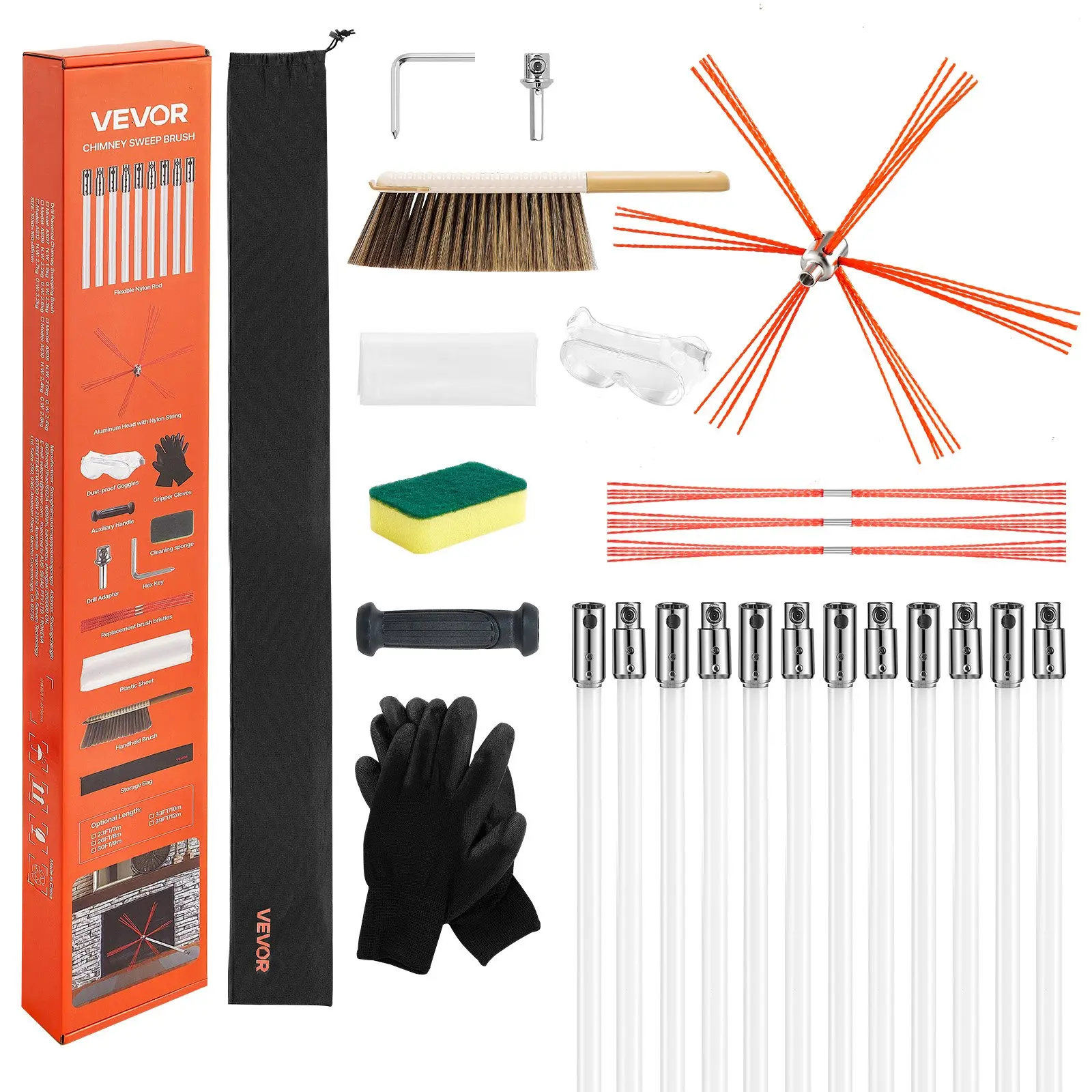 【Summerfinds】VEVOR Chimney Sweep Kit, 39 ft Maximum Extendable Length Chimney Sweep, Chimneys Cleaning Kit with Bristle Replacements Goggles, 90 Bendable Fireplace Cleaning Tool, for Square, Rectangle Chimneys