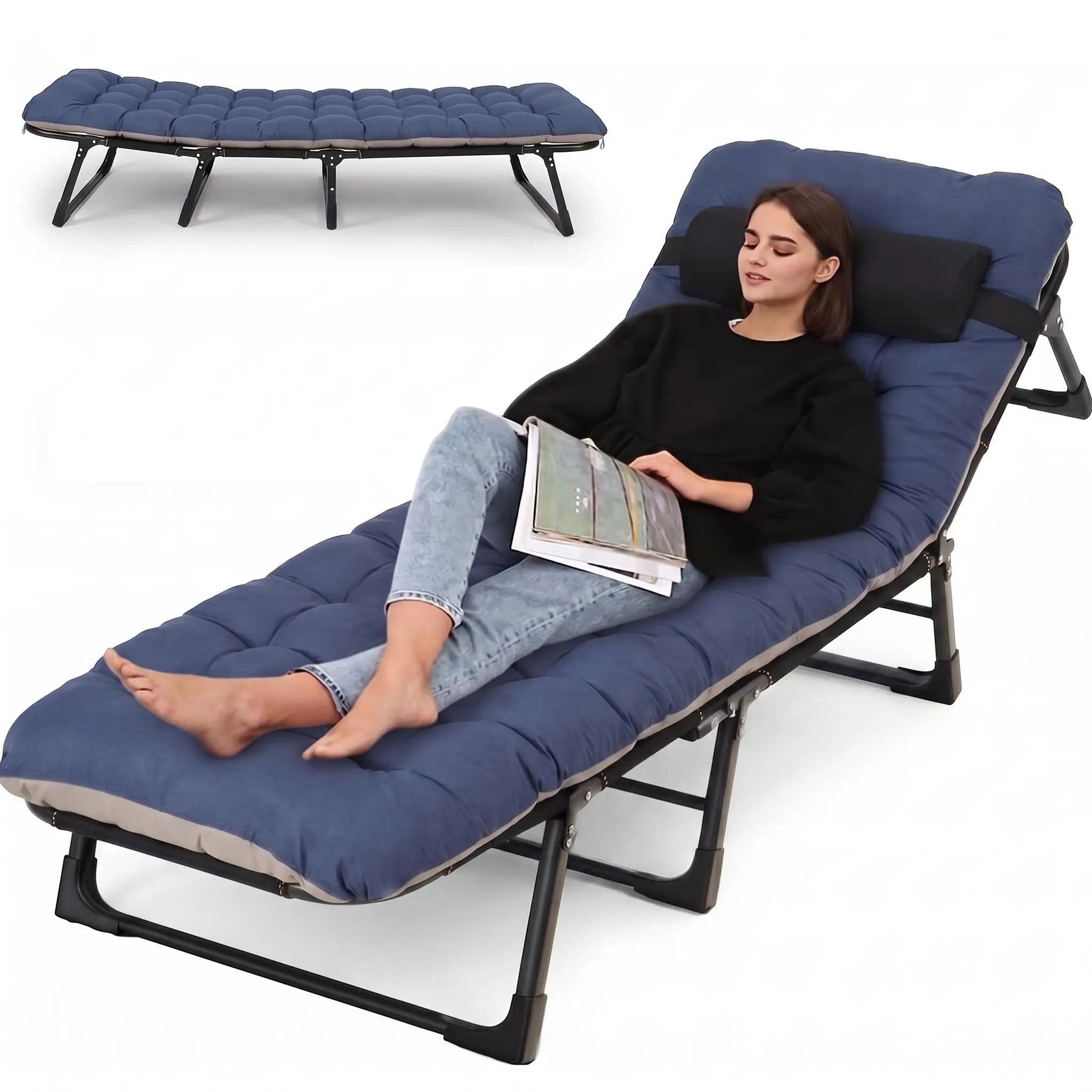 Single Person Foldable Camping Cot with Mattress & Pillow - Heavy-Duty 3-Position Reclining Portable Cot, Quick-Setup Indoor/Outdoor Bed for Camping, Guest Room