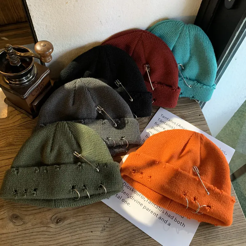 Punk Y2K Distressed Ripped Knit Beanie with Safety Pins & Metal Rings | Soft Acrylic Warm Winter Skullcap Goth Street Fashion Unisex Beanie Hat for Men Women Multiple Colors