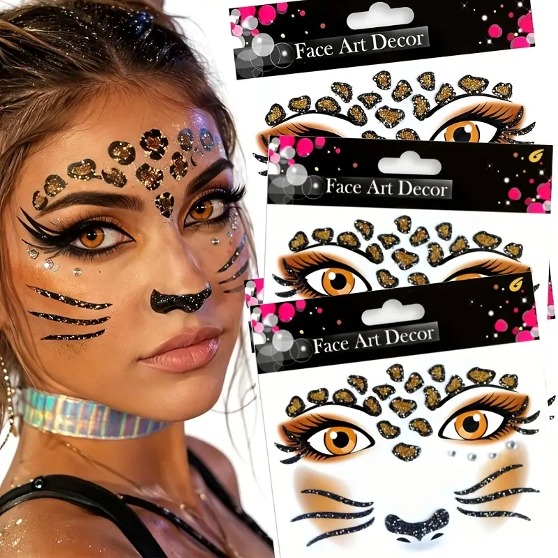 3 Halloween leopard face stickers, glittered leopard print self-adhesive facial tattoo stickers, wild leopard face accessory, suitable for stage makeup, parties, role-playing, carnival outfits, self-adhesive design