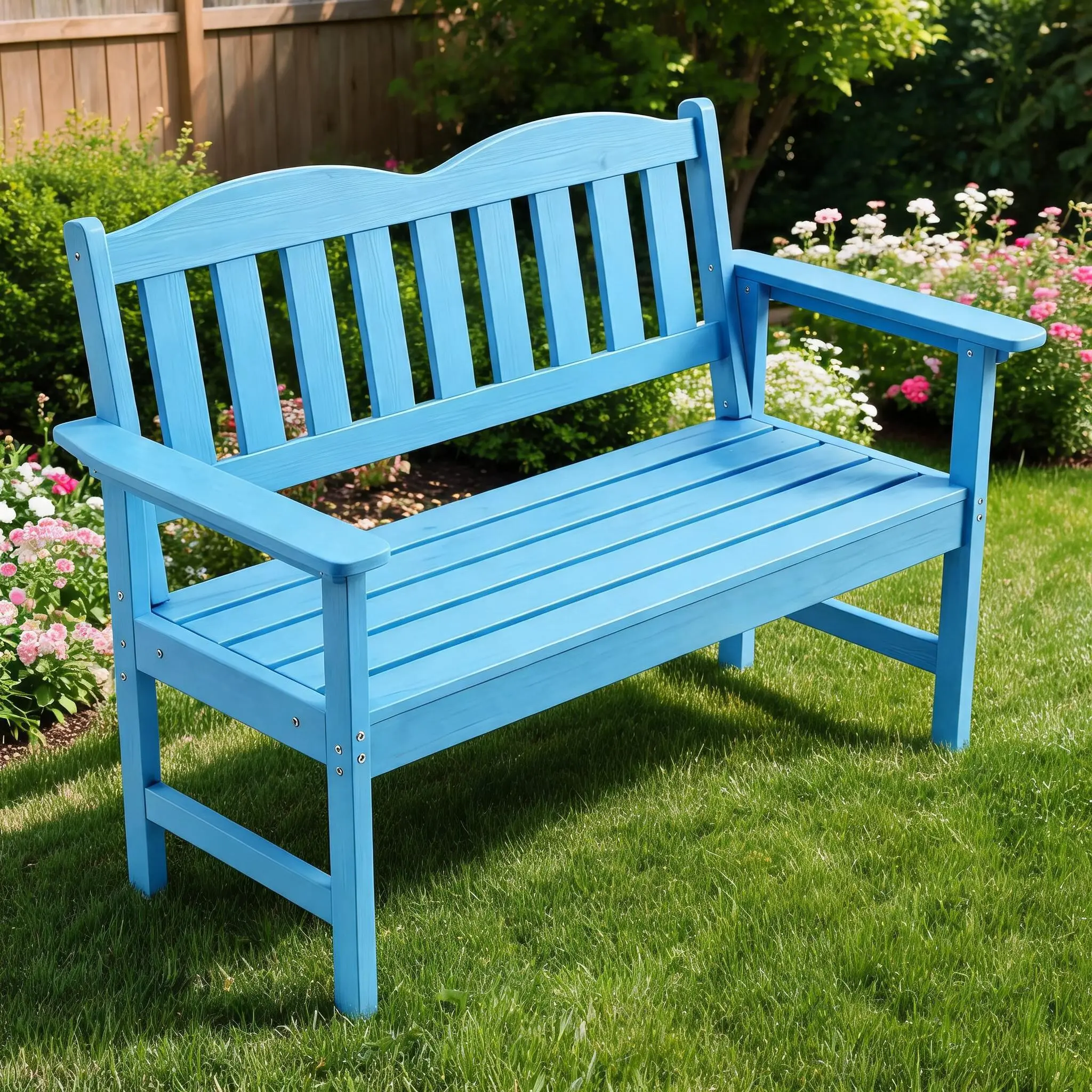47" Weather-Resistant 2-Seat Poly Lumber Garden Bench, Heavy-Duty Patio Loveseat 800 lbs Capacity, Slatted Design with Wood Texture, Wide Armrest