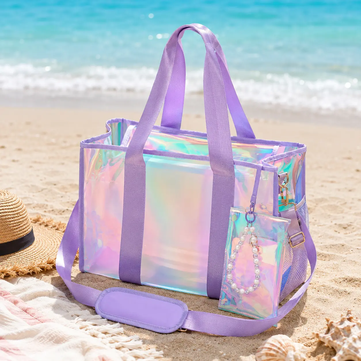 Iridescent Clear PVC Tote Bag with Phone Pouch and Detachable Shoulder Strap, Water-Resistant Large Storage Bag for Car Trunk, Beach, Gym and Travel