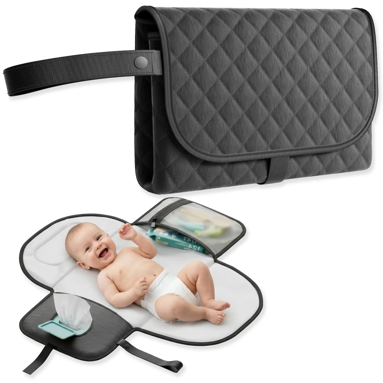 Portable Baby Changing Pad for Travel, Black Water-Resistant Diaper Mat with Soft Cushion, Easy Clean, Storage Pocket, Foldable DesignGift