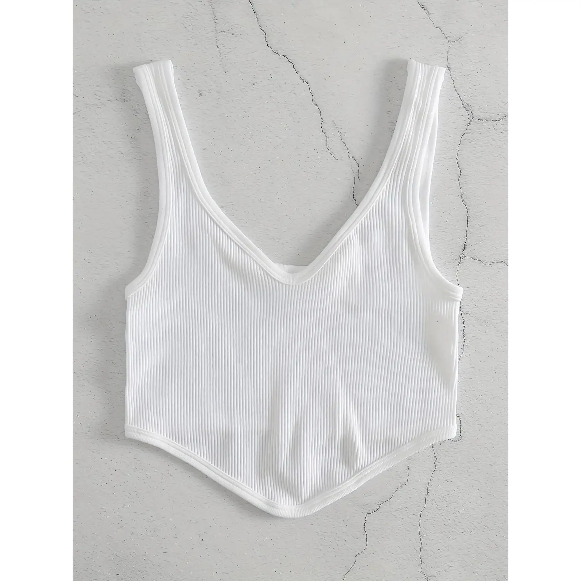 Female Short Fly Stride Seamless Ribbed Corsetry Knit Crop Tank Top - Polyamide Knit, Solid Cute Fabric, V-Neck, High Stretch, Sleeveless, Casual Sports Basic, All-Season, Mermaid Hem, Perfect Fit (Sports & Outdoor Clothing)