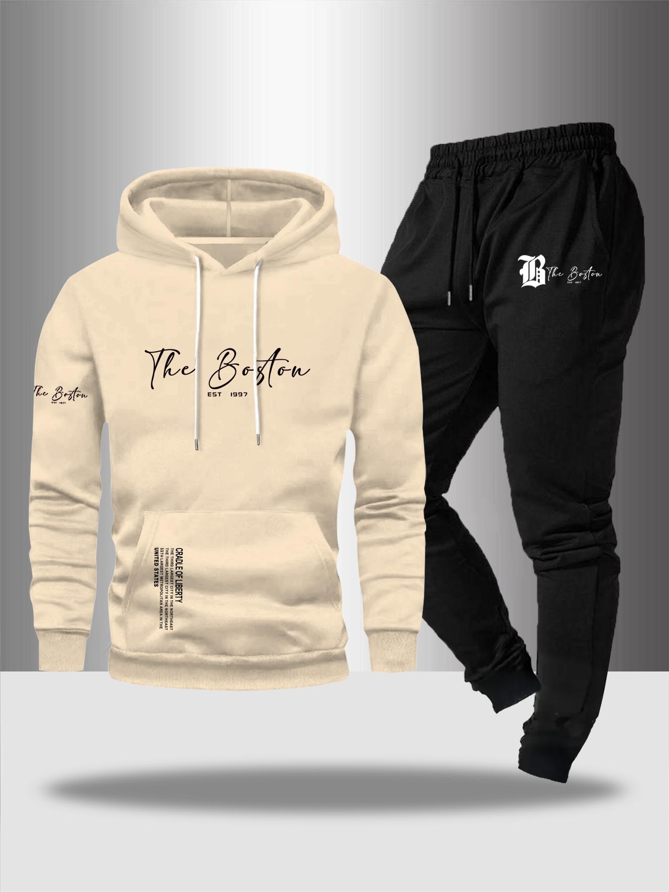 Men's Fall Winter Casual Two-Piece Set, Hooded Sweatshirt & Drawstring Waist Pants, Thicken Fabric, Fitted Style, Letter Print Design