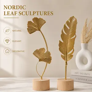 Two-Piece Luxury Nordic Metal Leaf Sculptures, Elegant Gold Ginkgo and Palm Leaf Art Decor, Modern Minimalist Metal Craft for Living Room, Entryway, Wine Cabinet, Bookshelf, Console Table, Home and Office Decoration
