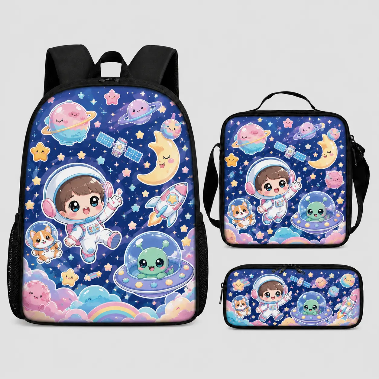 Kids Space Backpack Set 3PCS, Astronaut School Backpack with Lunch Bag and Pencil Case, Galaxy Planet Bookbag for Boys Girls, Elementary Student Book Bag, Back to School Supplies, Travel Daypack with Side Pockets, Cute Kawaii Design for Daily Class