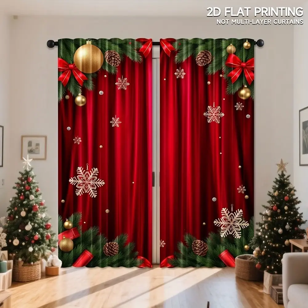 2-Pack Christmas Curtains, 2D Print, Rod-Pass Design, Snowflake Polyester, Living Room, Bedroom, Holiday Decor, Festive Gift