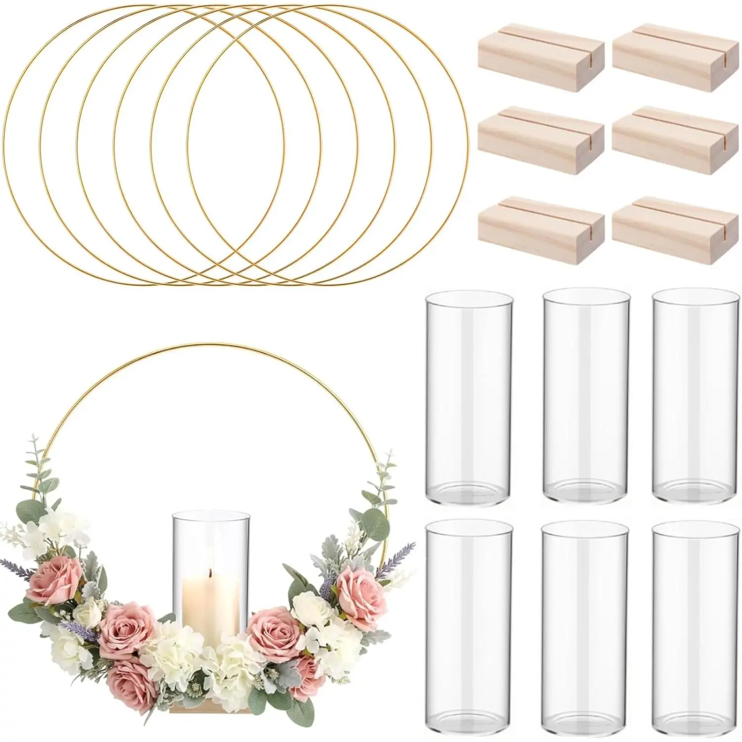 6 Pack Metal Floral Hoop Centerpiece with Stand & Glass Vases Wedding Table Decorations for DIY Christmas  Shower Birthday Party Decor 12 Inch  Decorative Hoop Ring Set