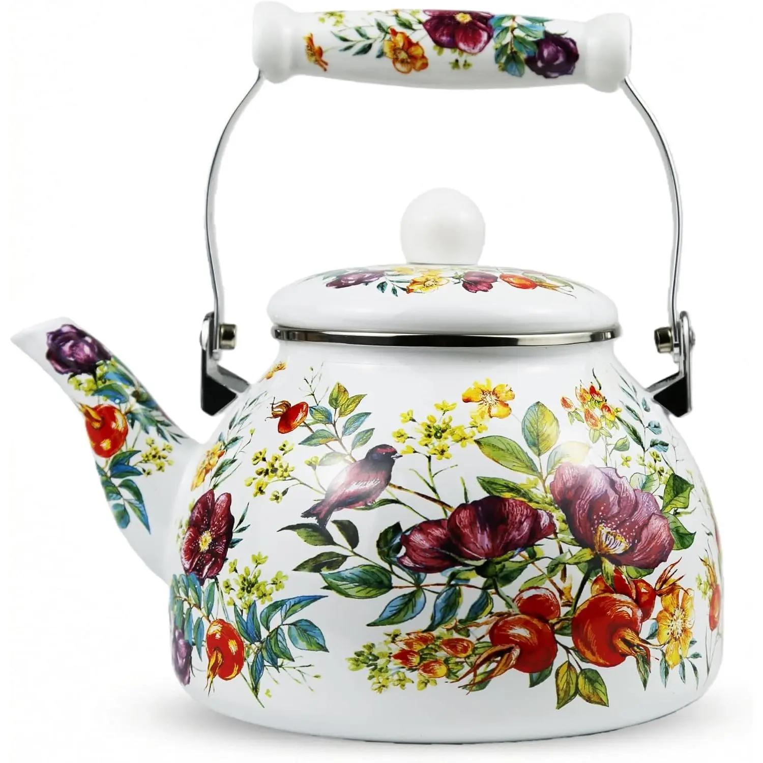 Vintage Floral Bird Enamel Tea Kettle, 2.5L Stovetop Teapot with Porcelain Handle, Induction/Gas Stove Compatible, Decorative Kitchen Coffee Kettle Ideal for Housewarming/Christmas Gift