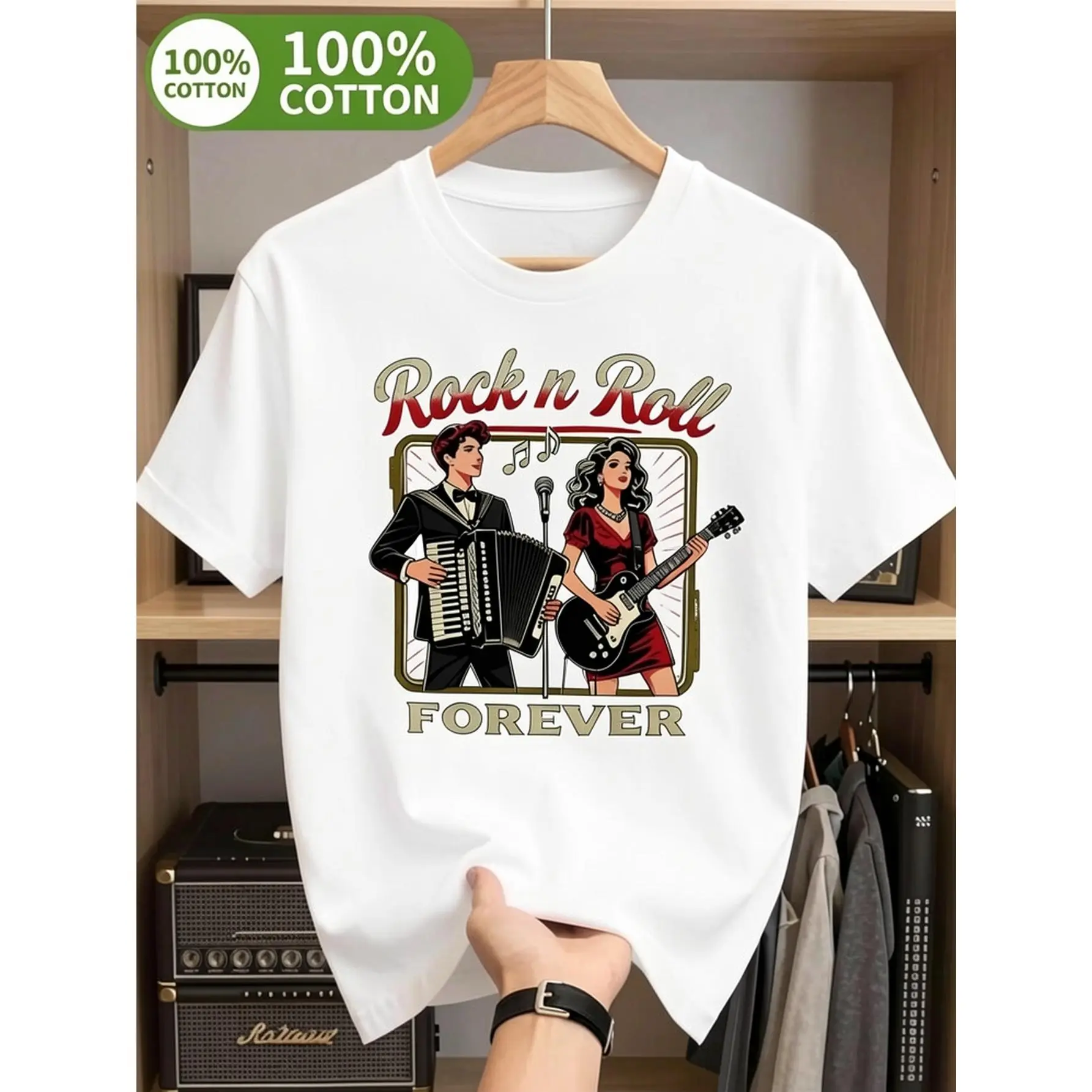 Men's Vintage Rockabilly Graphic T-shirt with a Simple Vibrant Print, Soft 100% Cotton Regular Fit Shortsleeve for Casual Summer Wear, Tshirt, Top, Round Neck, All Seasons, Machine Wash