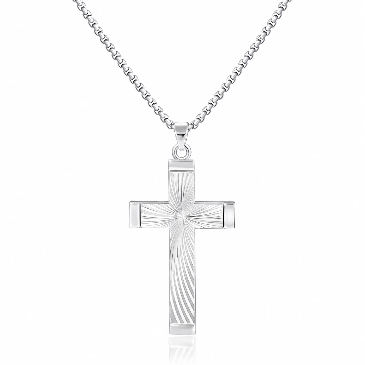 Dynamic Radial Etched Cross Pendant Necklace, Light‑Catching Swirl Pattern Cross with Box Chain, Non‑Tarnish Devotional Fashion Jewelry
