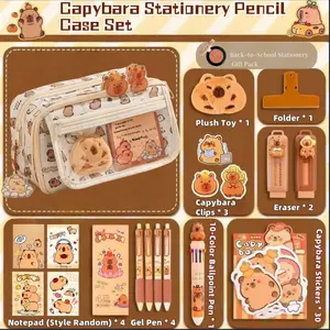33pc Capybara Clamshell Large Capacity Transparent Pen Bag, Multi-Layer Storage Zip-Up Design Student Pencil Case, Stationery Supplies, Office Supplies, Holds 80 Pens