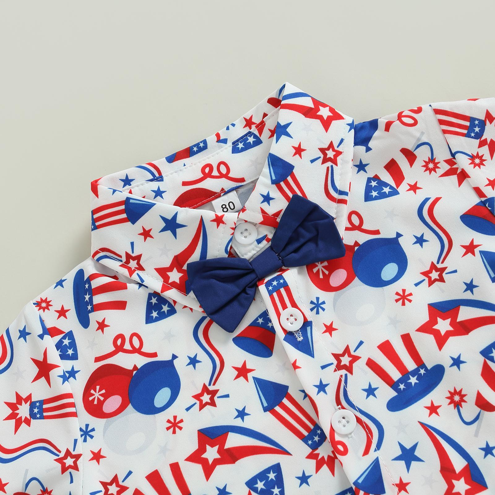 Toddler Baby Boy 4th of July Summer Outfit US Flag/Hat Print Short Sleeve Button Down Shirt and Blue Casual Shorts Set Patriotic Clothes
