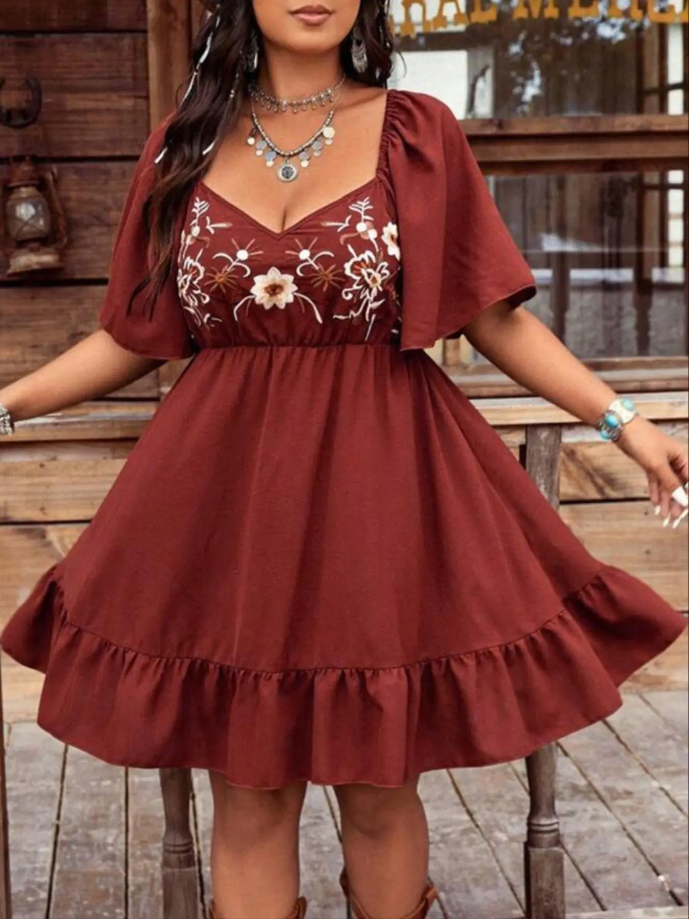 Plus Size Bohemian Floral Embroidered Dress, Short Sleeve Flowy Ruffled Loose Fit, Ideal for Home Wear, Casual Wear and Daily Outdoor Activities, Boho Style