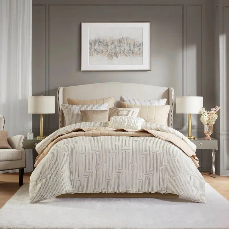 Nokaa 10-Piece Queen Luxury Jacquard Comforter Set Ivory - Complete Bedding Ensemble with Comforter, Quilt, Shams, Decorative Pillows, and Bed Skirt for Master Bedroom, Guest Room, Hotel Style Home Decor
