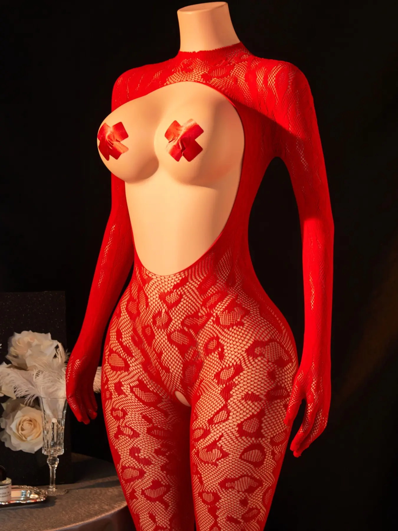 Women’s Red Heart Motif Sheer Mesh Long Sleeve Full Body Garment, Integrated Long Hand Sleeves & Solid Plain Decor Pasties, Hollow Chest Stretch Fishnet Outfit For Night Out, Live Concert Photoshoot, Beach Layering, Holiday Themed Party