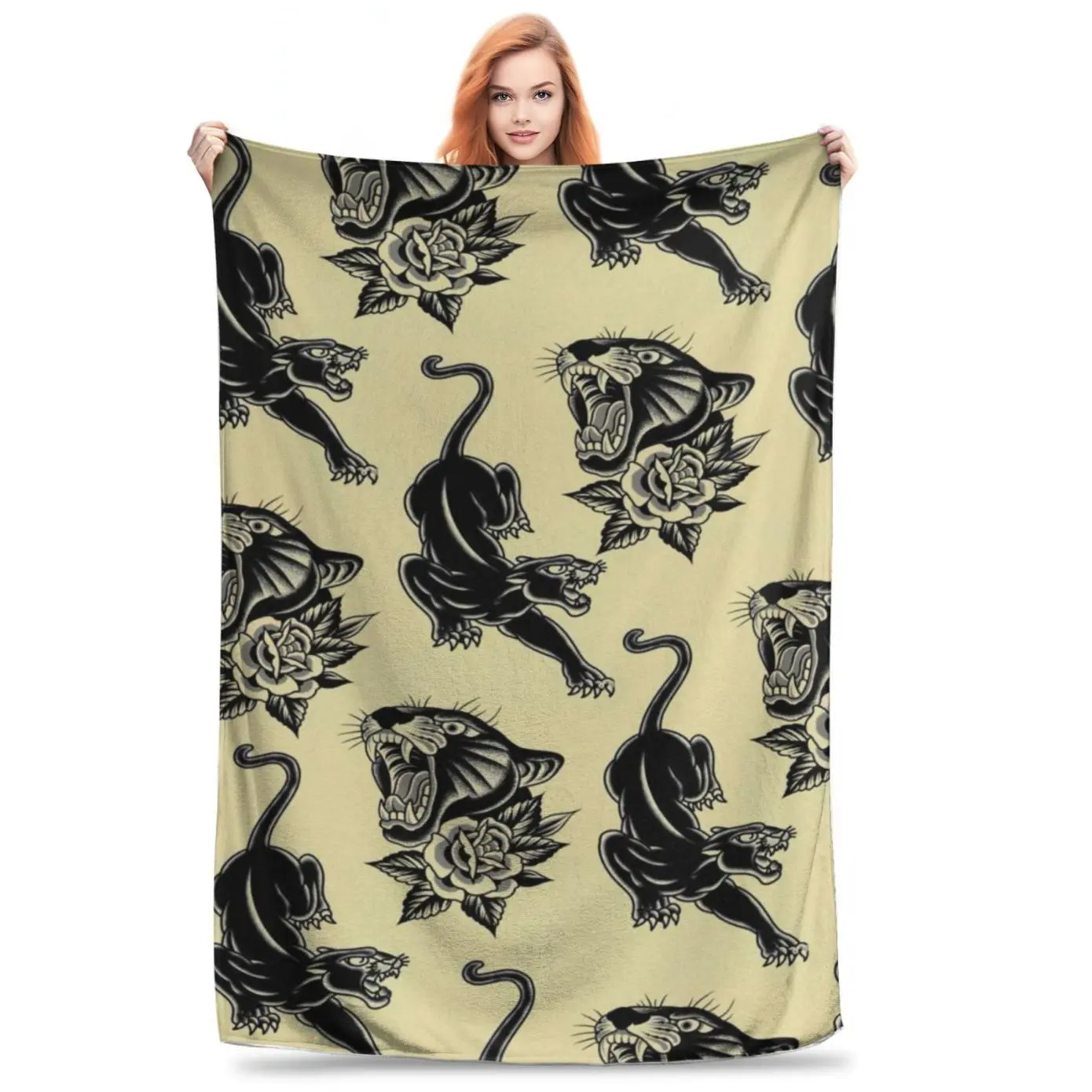 Vintage Traditional Tattoo Black Panther Rose Pattern Flannel Throw Blanket Soft Lightweight Cozy All Season Blanket for Sofa Bed Office Travel Old School Tattoo Home Decor Holiday Birthday Fan Gift Blanket