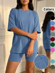 Women's Solid Color T-Shirt and Tight Shorts Lounge Set, Casual Comfortable Round Neck Loungewear Sleepwear for Summer, Features Pockets and Suitable for Outdoor Wear,Women's Pyjama Set