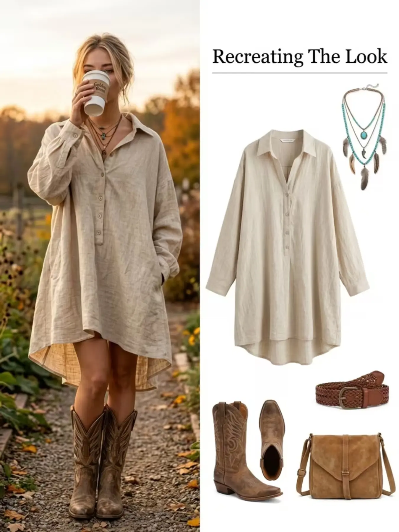 Vintage Western Style Loose Boho Shirt Dress, Solid Color Sleeve Design, Farmhouse, Beach Vacation, Retro Dress 10613