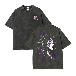 Unisex Plus Size Summer Washed Graphic Tee, Double-Sided Anime Character Silhouette With Purple Splatter & Kanji Chest Print, 100% Cotton Round Neck Casual Oversized T-Shirt, Men Women Y2K Streetwear Top
