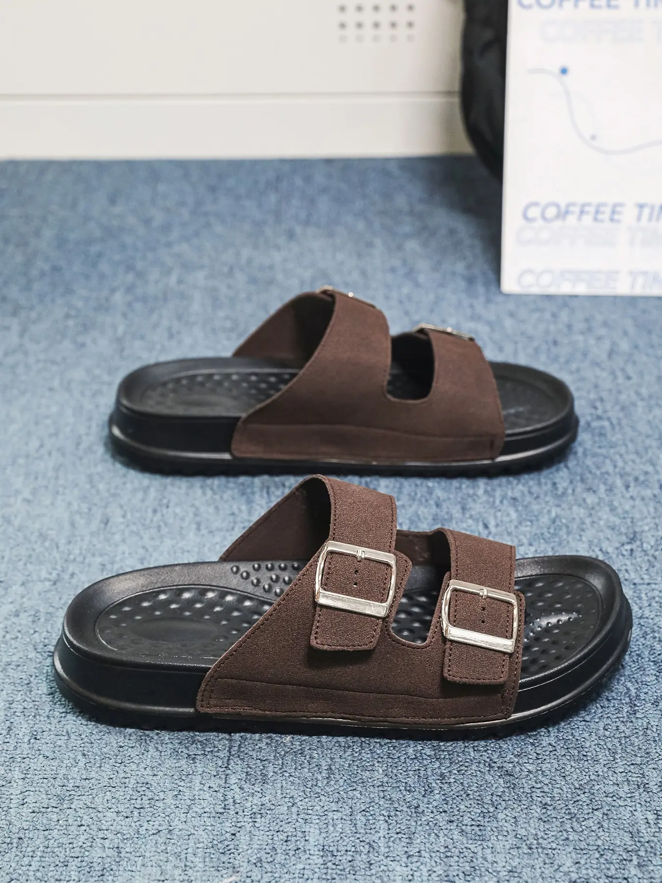Men vintage suede two-strap slides slip on sandal massage cushioned grip sole fit daily commute seaside leisure
